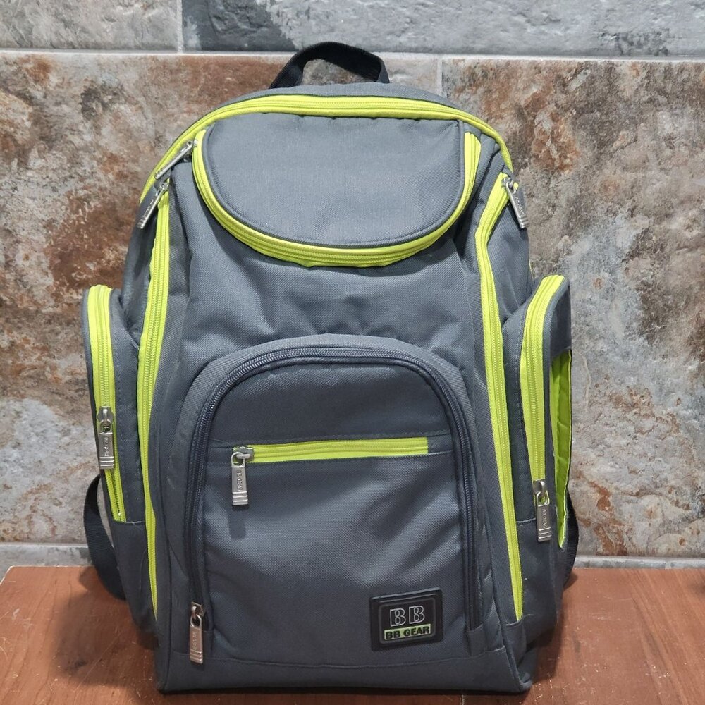BB Gear Diaper Backpack Bag Gray Lime Green Zipper Accents